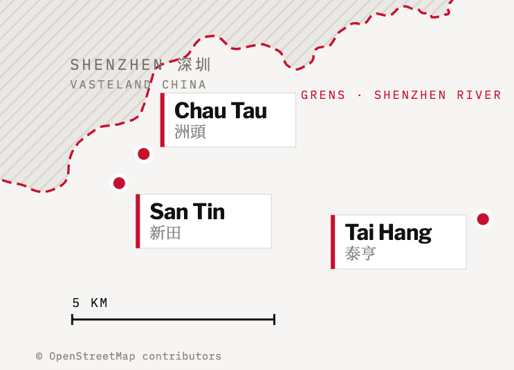 Kaart van de New Territories met San Tin, Chau Tau en Tai Hang, en de grens met Shenzhen